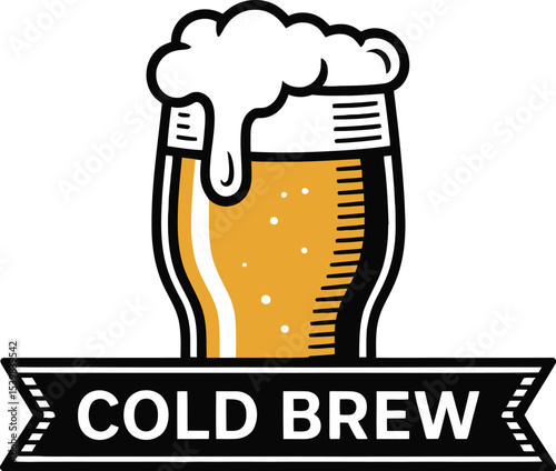 Illustration of a glass of beer with foam and a banner that says cold brew on a light background