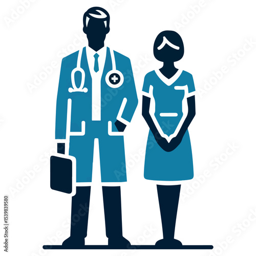 Vector medical icons set with doctors, nurses, and patients in diverse clothing, including shirts, jackets, and suits, in various standing poses