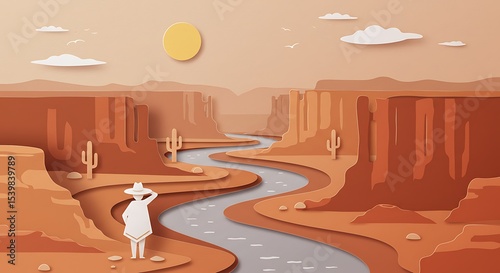 Paper Art Serene Canyon River Landscape, Desert Scene with Cowboy Figure