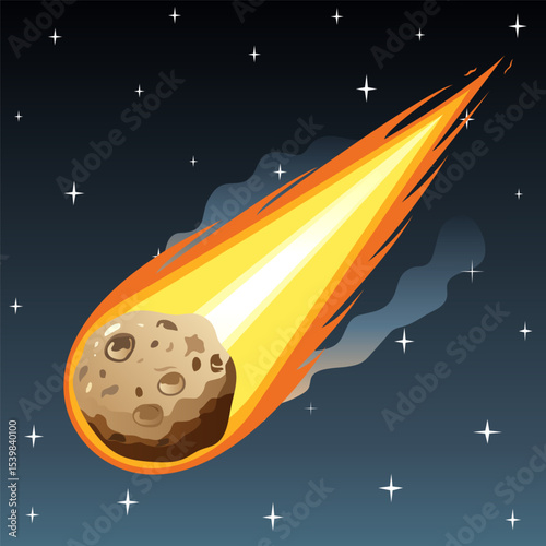 Bright comet flying in the night sky. Vector illustration.