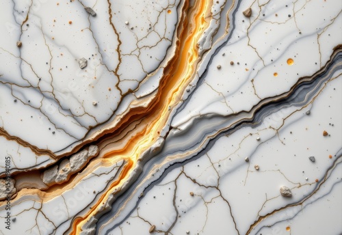 limestone vein slowly recrystallizing into gray veined marble, highlighted mineral transformation, gradient cutaway illustration