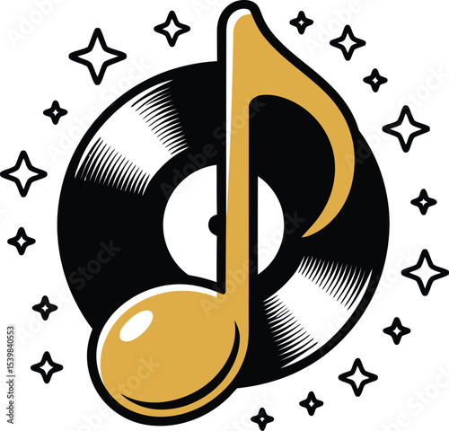 Illustration of a vinyl record with a music note overlay surrounded by star shapes on a light gray background