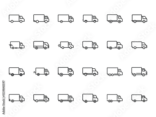 Bundle of Delivery Truck Silhouettes in Minimal Line Style on White Background – Logistics, Transport, Shipping, and Courier Icon Collection

