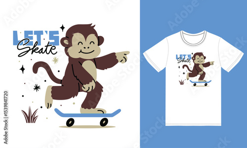 Cute monkey playing skateboard illustration with tshirt design vector