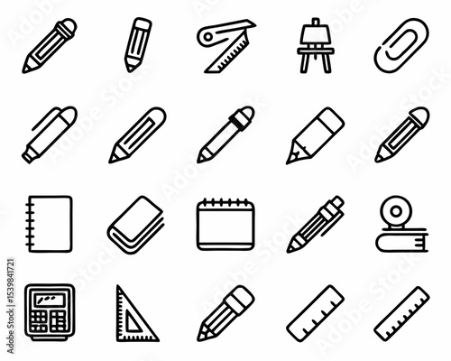 Stationery office supplies vector icon set drawing tools writing instruments school equipment study items design 100