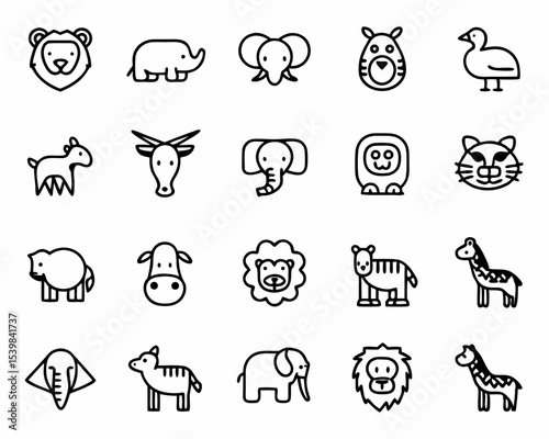Collection of cute animal icons, lion, elephant, giraffe, zebra, tiger, cow, duck, antelope, and more vector set