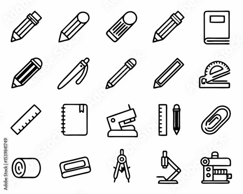 Stationery vector icon set drawing tools and office supplies pencil pen ruler notebook stapler microscope drawing 100