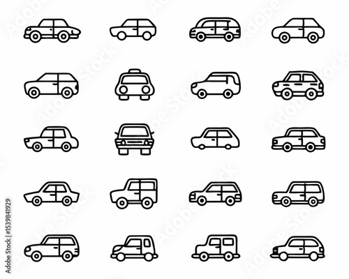Car vehicle automobile transport icon set vector illustration various models and styles for design projects