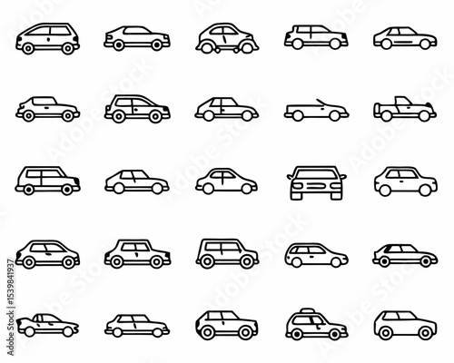 Car vehicle automobile transport icon set vector illustration various styles and models design collection