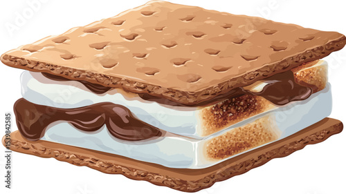 Close-up studio shot of a s'mores sandwich.  The sandwich consists of two graham crackers, a layer of melted chocolate, and a toasted marshmallow in between. The chocolate is visibly melted