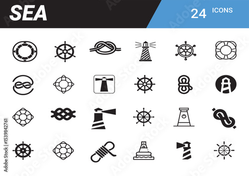 Nautical Icons: Set of nautical vector icons featuring lifebuoy, lighthouse, and marine knot, creating a clean and minimalistic design, perfect for a variety of creative project