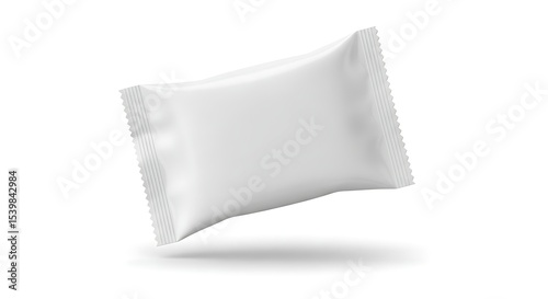 Blank white flow pack mockup floating on white background.