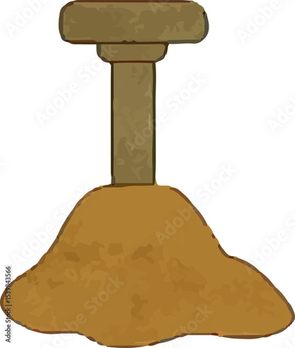 This illustration shows a road work marker with a wooden post and a pile of earth, used to indicate construction or excavation sites, ensuring safety and visibility