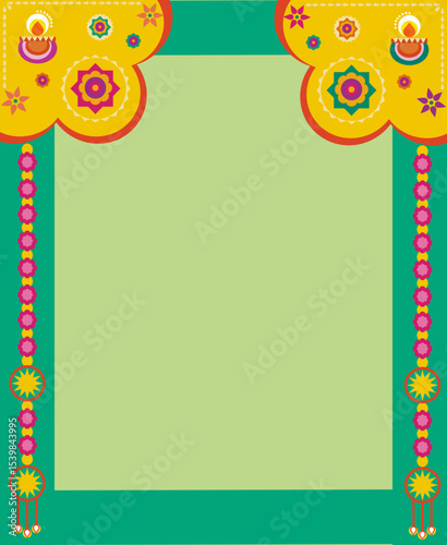 Diwali Festival Banner, Card with Holiday Symbols in Oil Lamp, Lights, Green Background Design for Web and Social Media. Diwali Festival, Vector Illustration.