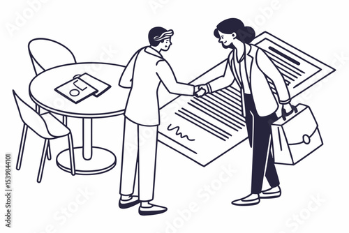 Businesspeople shaking hands over signed contract