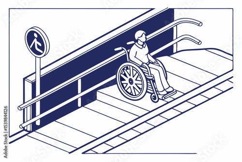 Person in wheelchair ascending accessible ramp