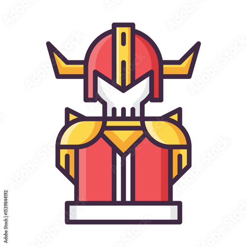 Illustration of a red and gold armored warrior with a horned helmet and shoulder pads design