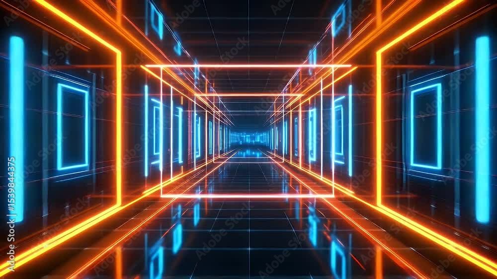 Glowing tunnel with a mirrored floor and blue/orange lights