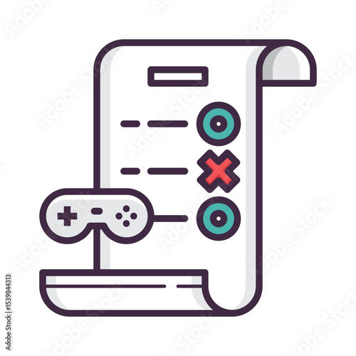 Illustration of a game controller next to a document with circles and crosses on a stand