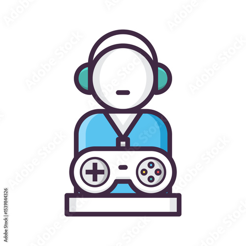 Illustration of a gamer with headphones holding a controller on a platform with a simple design