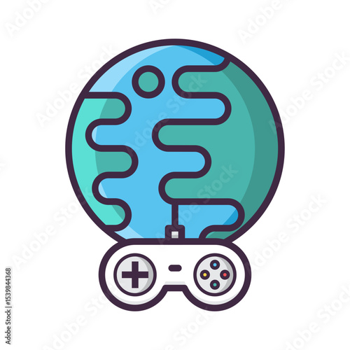Illustration of a globe with blue continents and a game controller attached to the bottom center