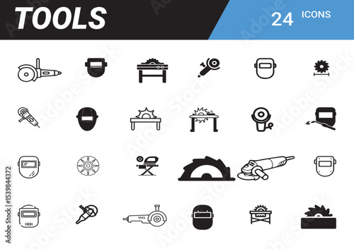 Tool Icons Collection: A comprehensive collection of diverse tool icons, meticulously designed for various professional and industrial applications, presented against a clean backdrop