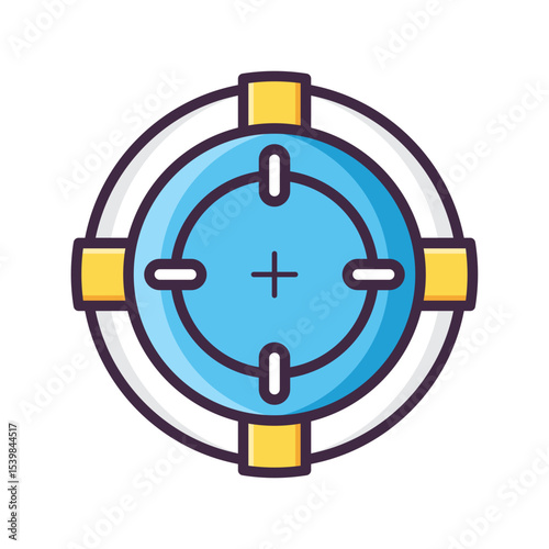 Illustration of a blue and yellow crosshair target with concentric circles and markers on the perimeter