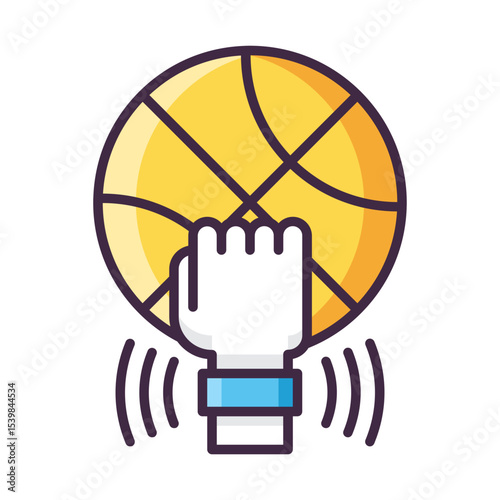 A hand wearing a smart watch is shown bumping a yellow basketball with black lines on a white background