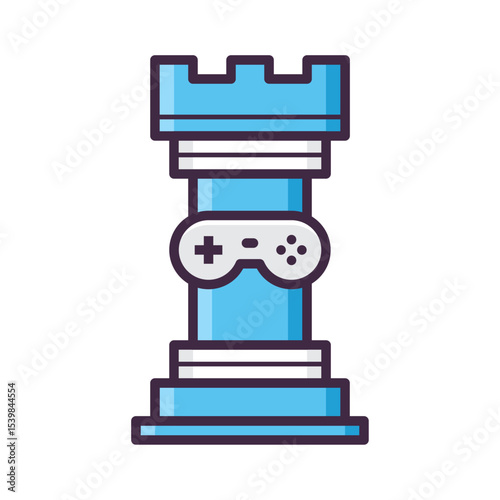 Illustration of a blue chess rook piece with a game controller symbol on the central part