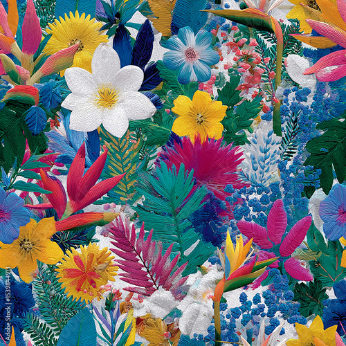 Vibrant tropical floral pattern with colorful exotic flowers and lush green leaves creating lively and dynamic botanical background photo