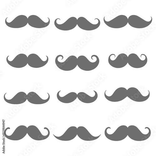 Collection of various gray mustaches on a white background