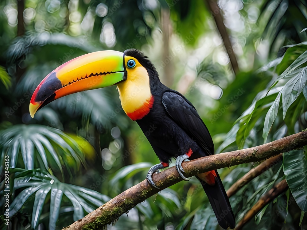 Naklejka premium A toucan perching on a tree branch in the tropical forest