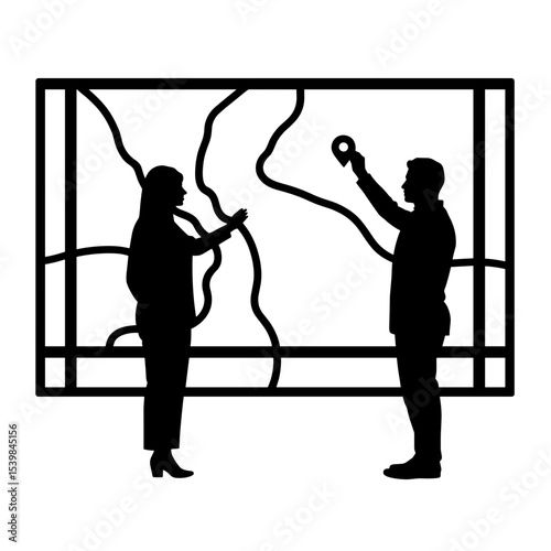 Silhouette of people pinning location marker on map, business strategy planning