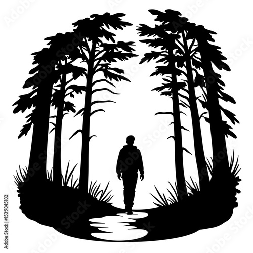 Silhouette of person walking meditation path in forest, nature retreat wellness