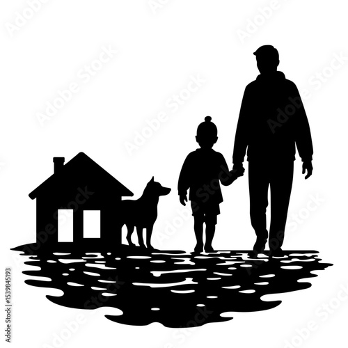 Silhouette of family and dog evacuating during flood, urgent escape safety
