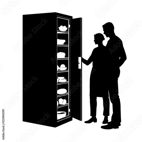 Silhouette of couple opening locker with ready meals, on-demand food service concept