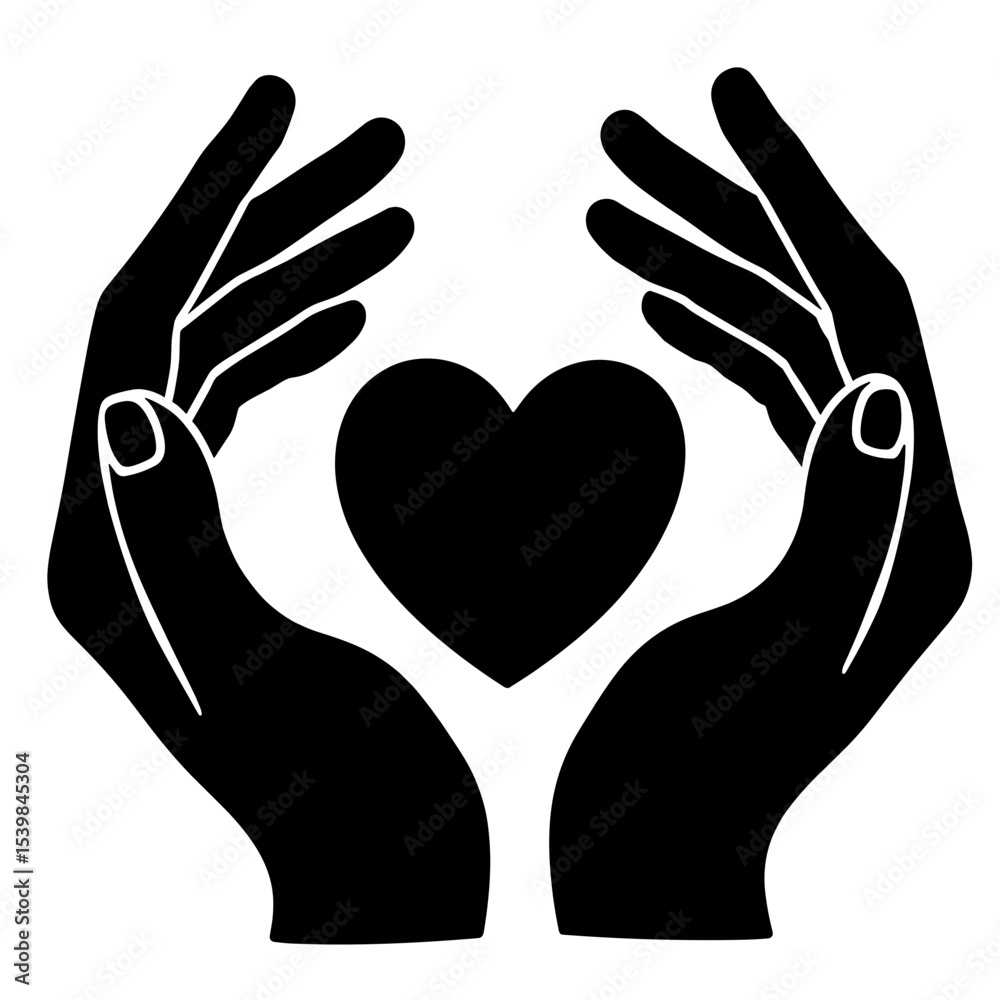 Fototapeta premium Silhouette of hands holding heart symbol on white background, love and care icon