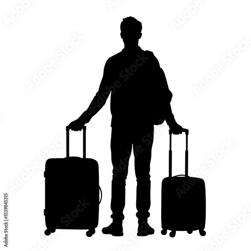 Silhouette of traveler with luggage on white background, travel adventure
