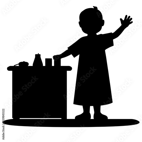 Silhouette of character waving beside meal stand, friendly greeting mascot