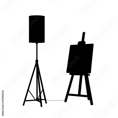 Silhouette of easel and studio light on white background, minimalist artistic space