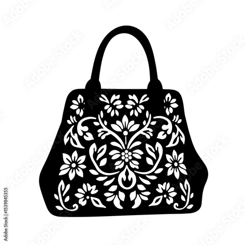 Floral silhouette of tapestry handbag, vintage fabric motif on white background