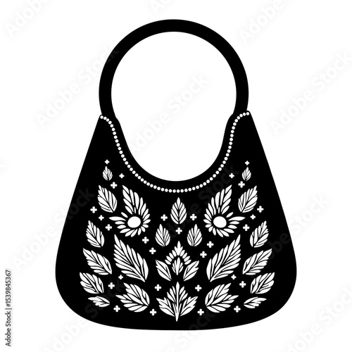 Silhouette embroidered handbag with wooden handle, simplicity retro style