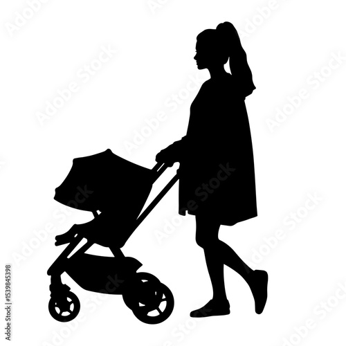Silhouette of mother pushing stroller on white background, parenting journey illustration