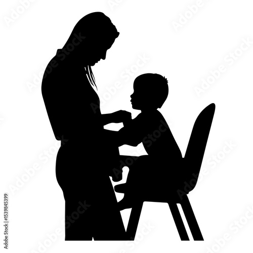 Silhouette of parent and child with bib in high chair, mealtime preparation