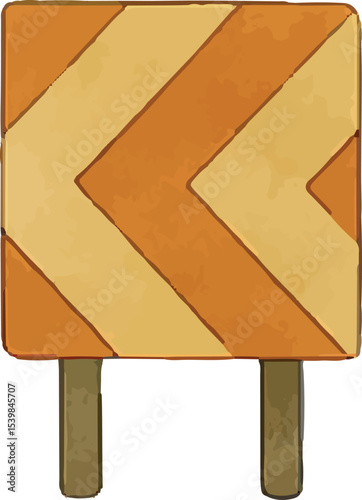 This illustration shows a square road work barrier with orange and yellow diagonal stripes, mounted on two legs, designed to guide traffic and enhance safety in construction zones