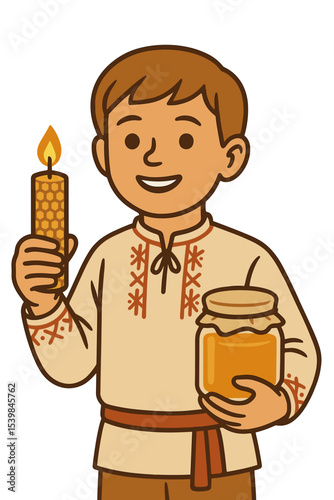 Young boy holding a honey jar and candle celebrating Honey Feast Day (Medoviy Spas) 