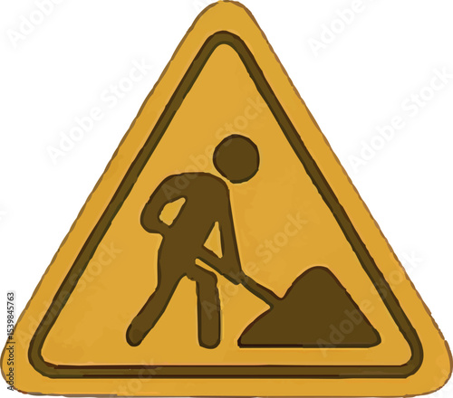 This vibrant yellow triangular sign features a worker with a shovel and mound, warning of road work ahead, with bold black outlines for high visibility in construction zones