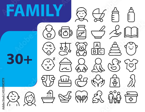 Family Life Line Icons Set,  Editable Vector Icons for Parenting, Relationships, Home, and Daily Family Activities