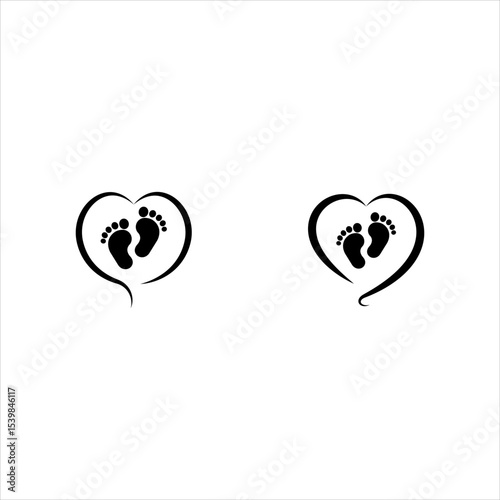 Black vector set baby footprints silhouette print design. Footsteps in outline heart frame shape. Baby shower decor. New born sign icon. It's a girl,boy.Abstract love symbol.Vinyl wall sticker decal.