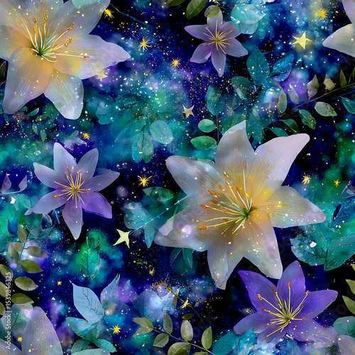 Beautiful pink lilies blooming gracefully among dark green leaves with sparkling light effects creating enchanting and elegant floral scene